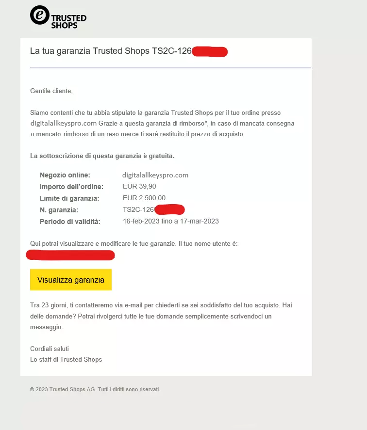 screenshot garanzia trustedshops informativa